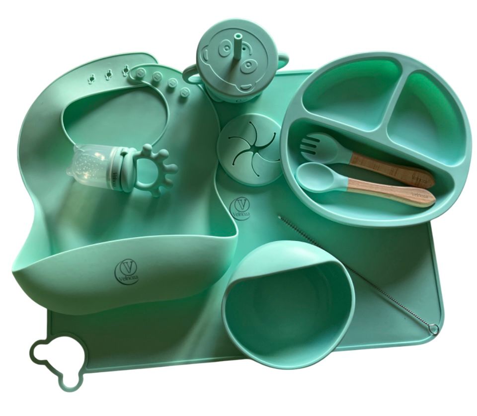 Velnoza 9- in-1 Silicone Baby Feeding Set – Snail Bowl, Suction Plate, Bib, Cup with Straw & Snack Lid, Spoon & Fork (BPA-Free)